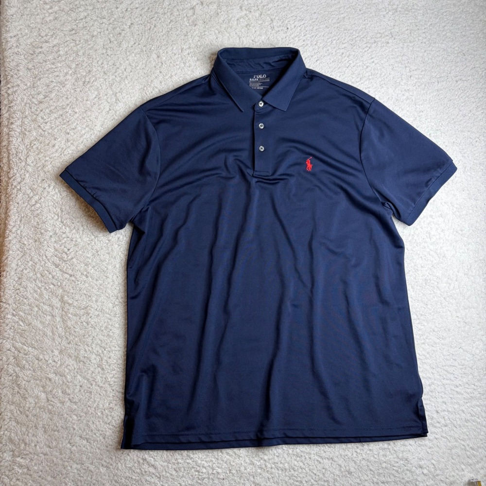 Polo Ralph Lauren Performance Mens XL Navy Blue Short Sleeve Polo Shirt Red Pony - Picture 2 of 6